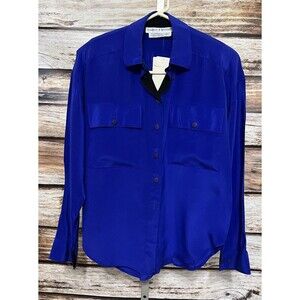 Eleanor P Brenner 100% Silk Button Up Blouse Shirt Blue Size Small New Vtg